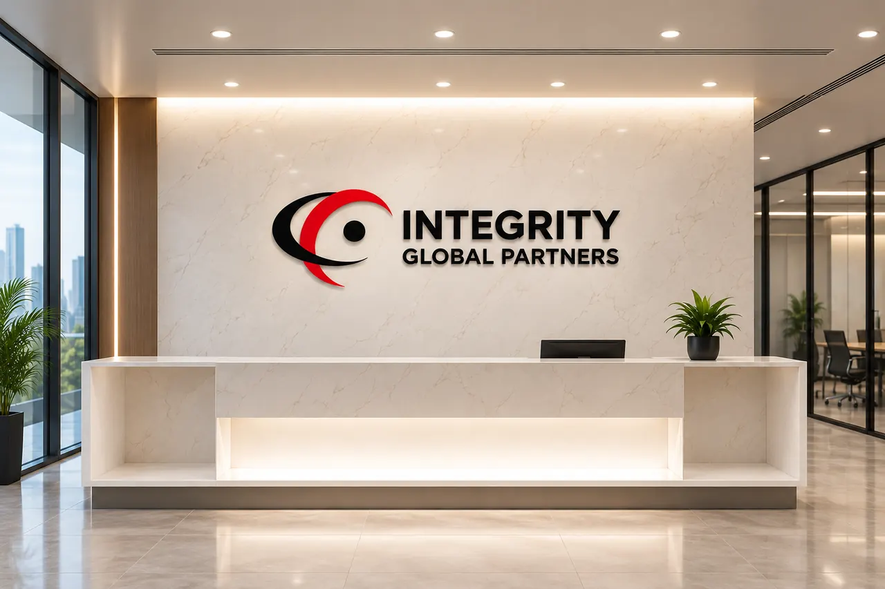 A bright reception area with the Integrity logo on a marble wall