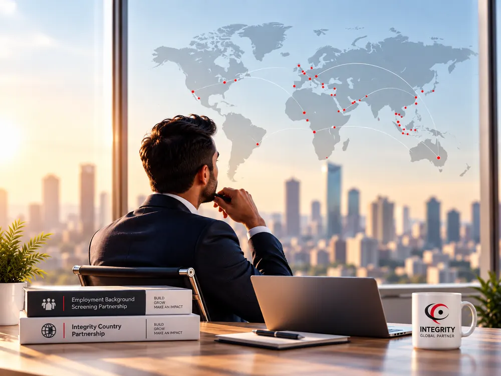 A business leader at a desk looking out over a city, a world map on the window and two partnership binders beside the laptop
