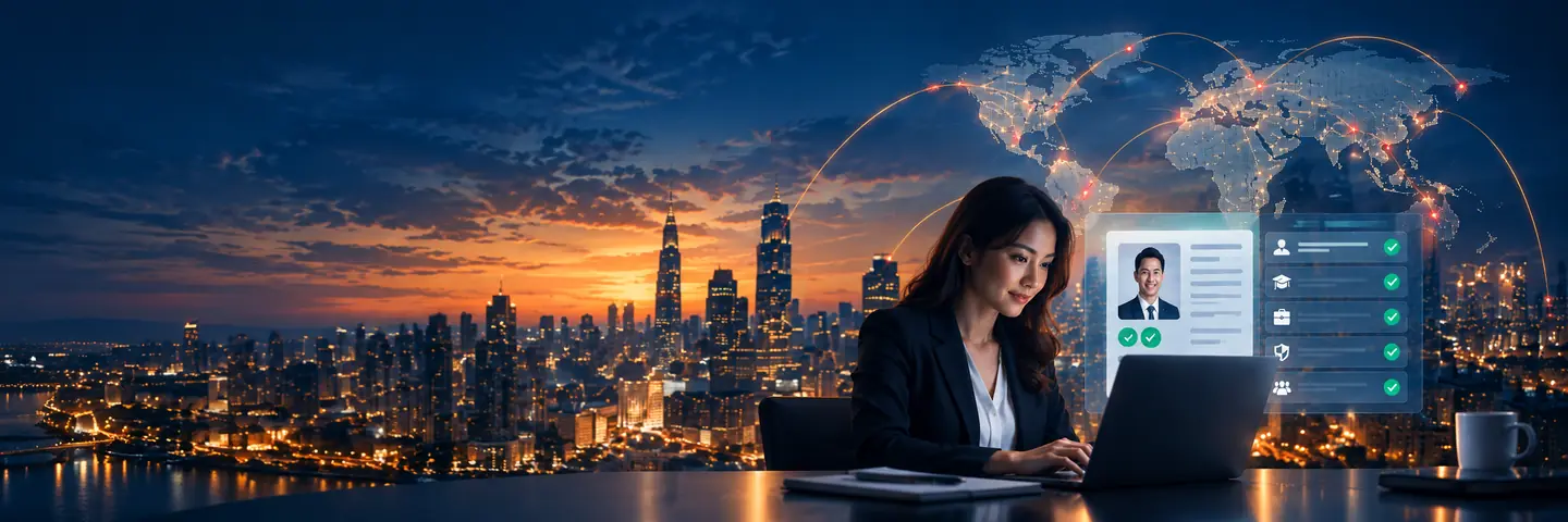 A screening professional at a laptop, a candidate profile with verification checks beside the laptop and a lit city behind