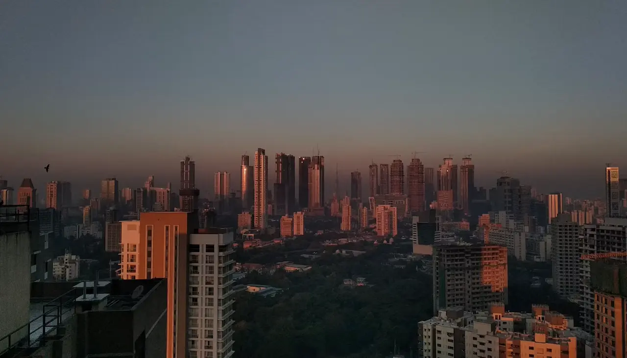 A city skyline seen through haze