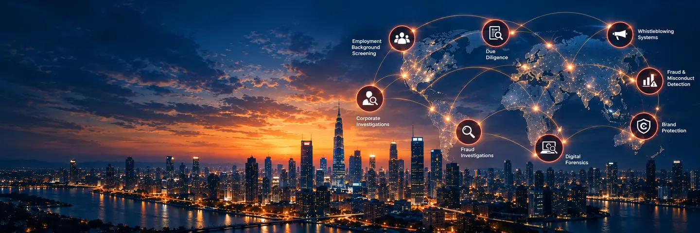 A night skyline under a world map linking Integrity’s services - screening, due diligence, whistleblowing, investigations, forensics and brand protection