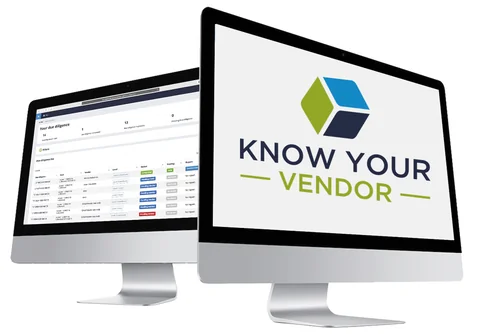 Know Your Vendor’s due diligence dashboard on two desktop monitors